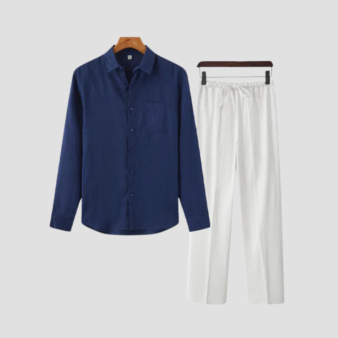 Virgile | Homme Ensemble Été Chemise Bleue & Pantalon Blanc